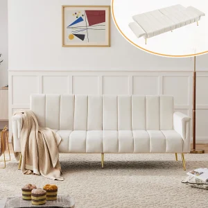 Beige rechte bank – Opklapbare bank met verstelbare rugleuning en armleuningen – voor woonkamer en slaapkamer Beige rechte bank – Opklapbare bank met verstelbare rugleuning en armleuningen – voor woonkamer en slaapkamer