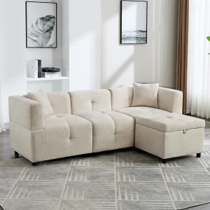 Beige hoekbank – 3-zitsbank met opbergvoetenbank en 2 kussens – voor woonkamer en kantoor Beige hoekbank – 3-zitsbank met opbergvoetenbank en 2 kussens – voor woonkamer en kantoor