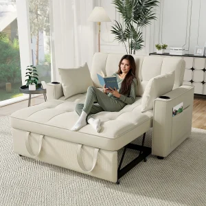 Beige 2-zitsbank – Fauteuil met bekerhouder en opbergvak – kussens en wieltjes Beige 2-zitsbank – Fauteuil met bekerhouder en opbergvak – kussens en wieltjes