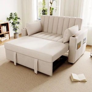 Beige 2-zitsbank – Omvormbare fauteuil met bekerhouder en opbergvak – voor woonkamer en slaapkamer Beige 2-zitsbank – Omvormbare fauteuil met bekerhouder en opbergvak – voor woonkamer en slaapkamer