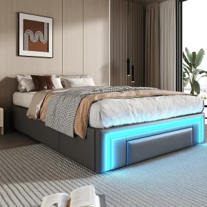 Bedframe 90 x 200 cm met laden, LED, zonder hoofdbord, PU-stof, metalen lattenbodem, grijs Bedframe 90 x 200 cm met laden, LED, zonder hoofdbord, PU-stof, metalen lattenbodem, grijs