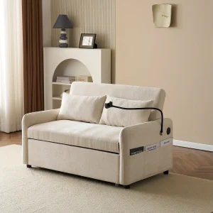 Beige chenille 2-zits opklapbare bank met USB-aansluiting en telefoonhouder – voor woonkamer en slaapkamer Beige chenille 2-zits opklapbare bank met USB-aansluiting en telefoonhouder – voor woonkamer en slaapkamer