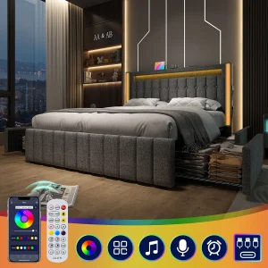 Bed met lades 140×200 cm, grijs linnen, Volwassenbed met USB-oplader en led-verlichting, 4 lades, zonder matras Bed met lades 140×200 cm, grijs linnen, Volwassenbed met USB-oplader en led-verlichting, 4 lades, zonder matras
