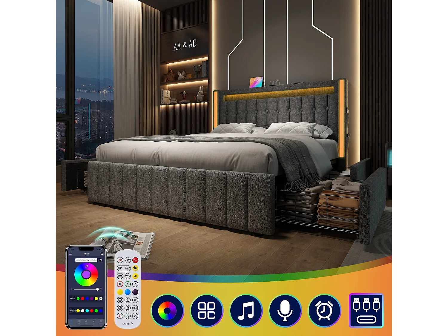 Bed met lades 140x200 cm, grijs linnen, Volwassenbed met USB-oplader en led-verlichting, 4 lades, zonder matras