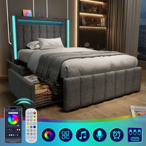 Bed met lades 90×200 cm, grijs linnen, Tienerbed met USB-oplader en led-verlichting, 2 lades, zonder matras Bed met lades 90×200 cm, grijs linnen, Tienerbed met USB-oplader en led-verlichting, 2 lades, zonder matras