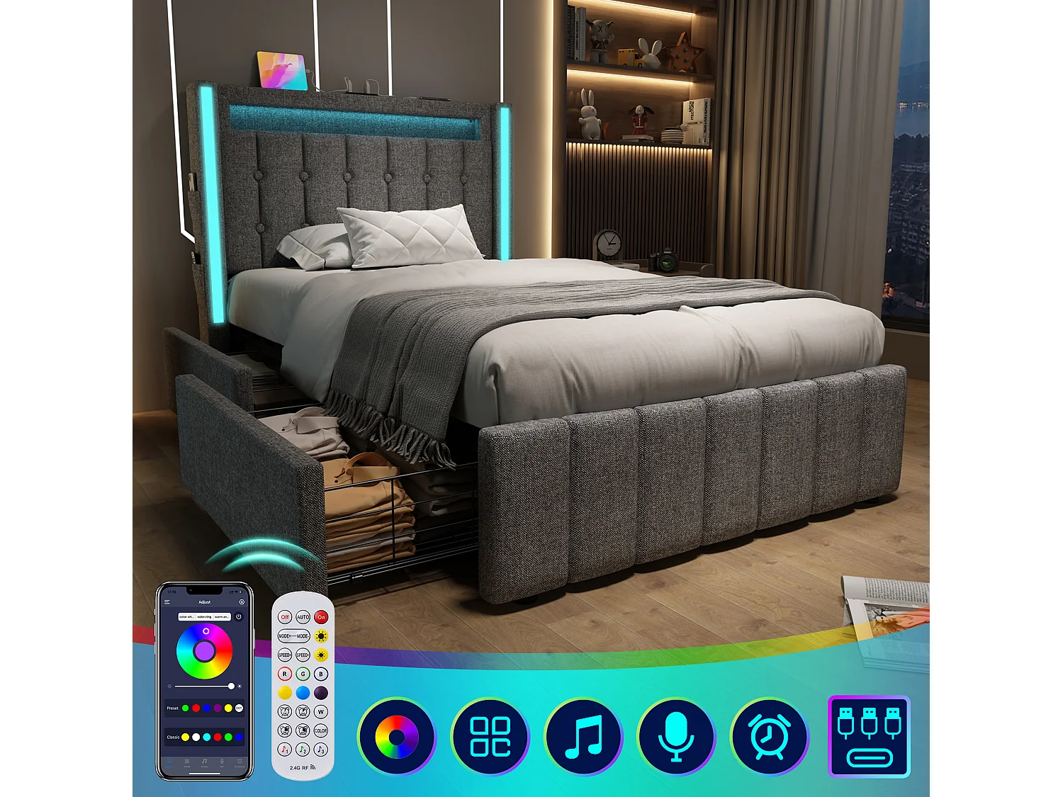 Bed met lades 90x200 cm, grijs linnen, Tienerbed met USB-oplader en led-verlichting, 2 lades, zonder matras