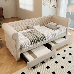 Bedbank 90×200 cm, beige linnen, kinderbed met 2 opberglades en lattenbodem, zonder matras Bedbank 90×200 cm, beige linnen, kinderbed met 2 opberglades en lattenbodem, zonder matras