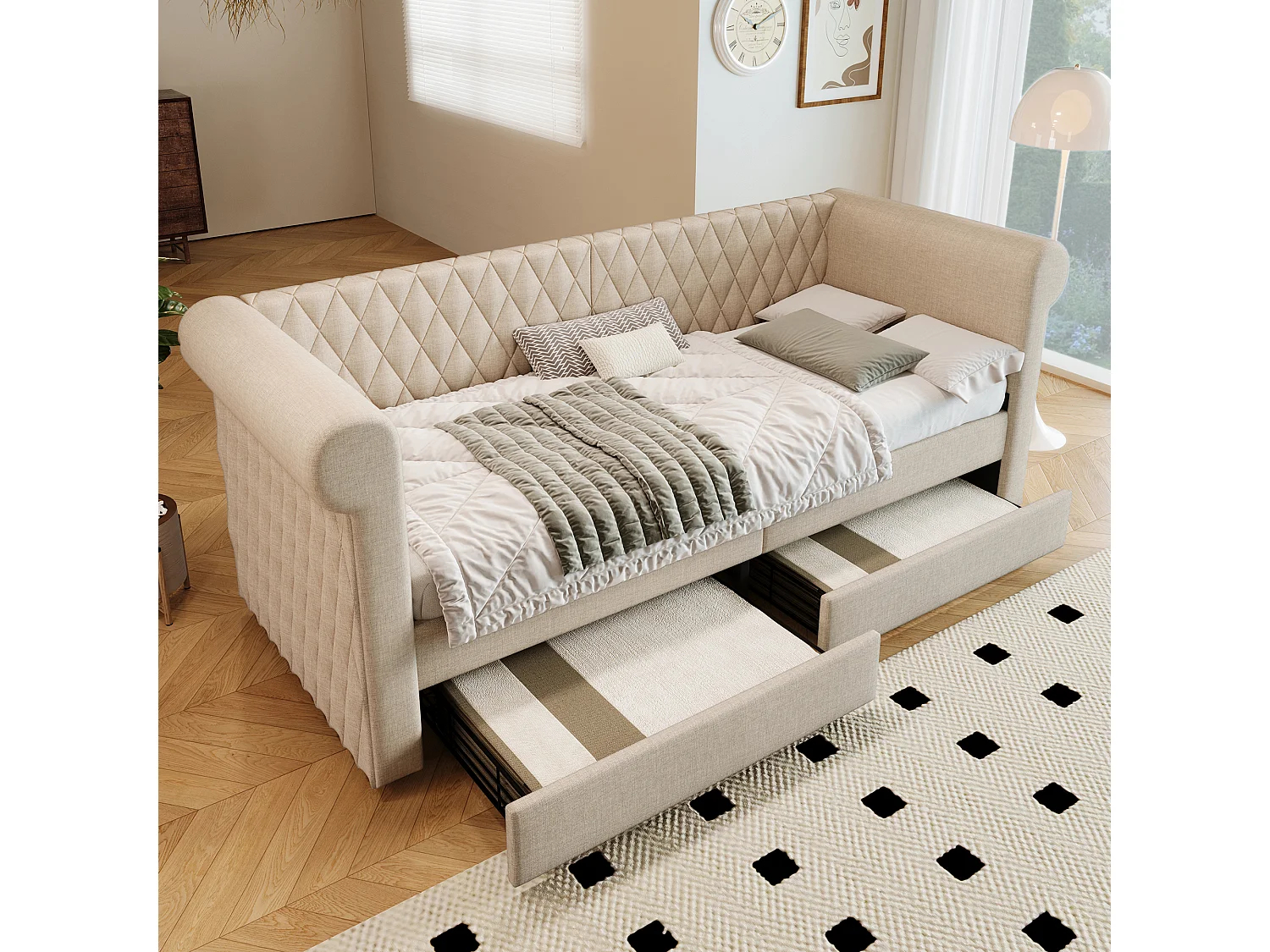Bedbank 90x200 cm, beige linnen, kinderbed met 2 opberglades en lattenbodem, zonder matras