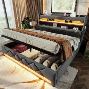 Bed met opbergruimte 140×200 cm, grijs linnen, tweepersoonsbed met USB-oplader en ledverlichting, hydraulische opbergruimte, zonder matras Bed met opbergruimte 140×200 cm, grijs linnen, tweepersoonsbed met USB-oplader en ledverlichting, hydraulische opbergruimte, zonder matras
