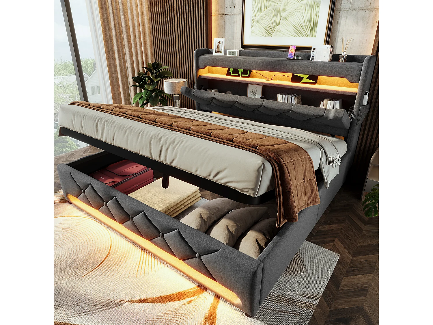 Bed met opbergruimte 140x200 cm, grijs linnen, tweepersoonsbed met USB-oplader en ledverlichting, hydraulische opbergruimte, zonder matras