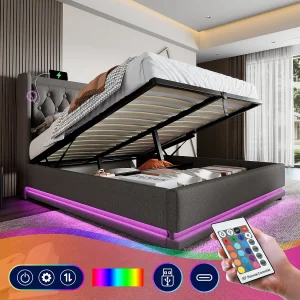 Bed met opbergruimte 160 x 200 cm, grijs katoen, tweepersoonsbed met led-verlichting en USB-aansluiting, zonder matras Bed met opbergruimte 160 x 200 cm, grijs katoen, tweepersoonsbed met led-verlichting en USB-aansluiting, zonder matras