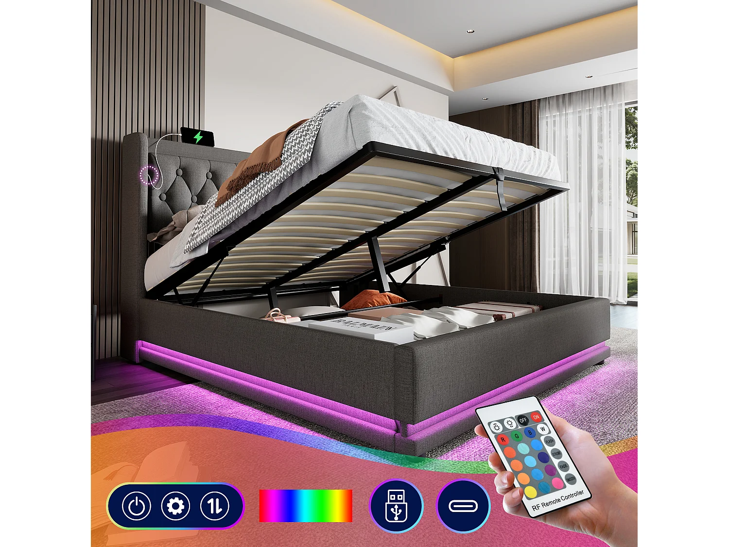 Bed met opbergruimte 160 x 200 cm, grijs katoen, tweepersoonsbed met led-verlichting en USB-aansluiting, zonder matras