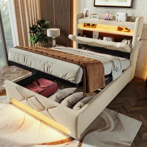 Bed met opbergruimte 90×200 cm, beige linnen, eenpersoonsbed voor volwassenen met USB-oplader en ledverlichting, zonder matras Bed met opbergruimte 90×200 cm, beige linnen, eenpersoonsbed voor volwassenen met USB-oplader en ledverlichting, zonder matras