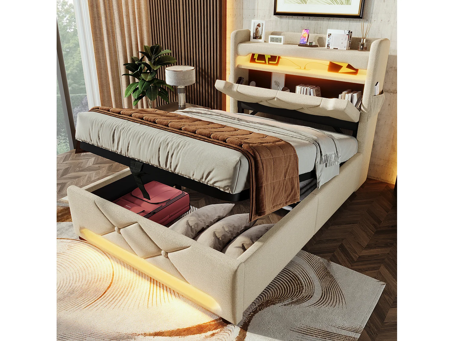 Bed met opbergruimte 90x200 cm, beige linnen, eenpersoonsbed voor volwassenen met USB-oplader en ledverlichting, zonder matras