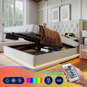 Bed met opbergruimte 140×200 cm, beige katoen, volwassenbed met USB-oplader en led-lampje, zonder matras Bed met opbergruimte 140×200 cm, beige katoen, volwassenbed met USB-oplader en led-lampje, zonder matras