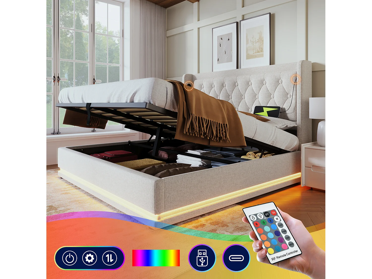 Bed met opbergruimte 140x200 cm, beige katoen, volwassenbed met USB-oplader en led-lampje, zonder matras