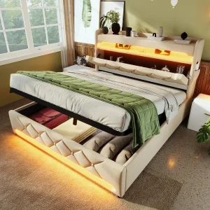 Bed met opbergruimte 160×200 cm, tweepersoonsbed met ledverlichting en USB/Type-C, beige linnen, hydraulische opbergruimte, zonder matras Bed met opbergruimte 160×200 cm, tweepersoonsbed met ledverlichting en USB/Type-C, beige linnen, hydraulische opbergruimte, zonder matras