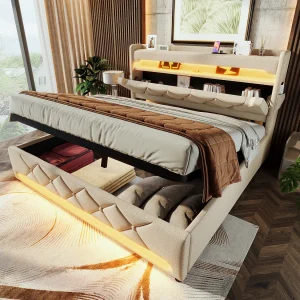 Bed met opbergruimte 140×200 cm, beige linnen, tweepersoonsbed met USB-oplader en ledverlichting, hydraulische opbergruimte, zonder matras Bed met opbergruimte 140×200 cm, beige linnen, tweepersoonsbed met USB-oplader en ledverlichting, hydraulische opbergruimte, zonder matras