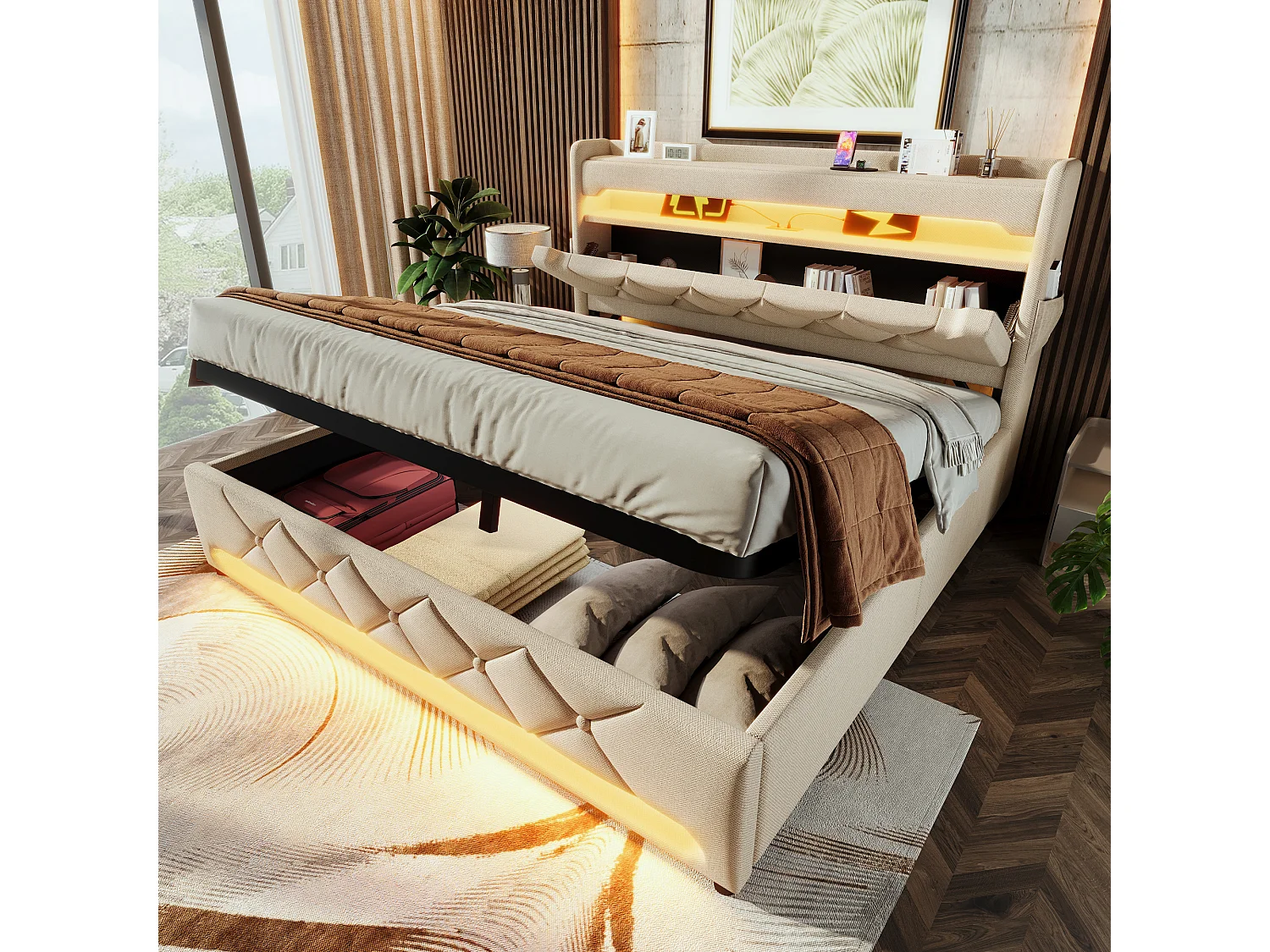 Bed met opbergruimte 140x200 cm, beige linnen, tweepersoonsbed met USB-oplader en ledverlichting, hydraulische opbergruimte, zonder matras