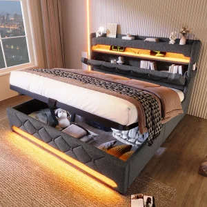 Bed met opbergruimte 160×200 cm, tweepersoonsbed met ledverlichting en USB/Type-C, grijs linnen, hydraulische opbergruimte, zonder matras Bed met opbergruimte 160×200 cm, tweepersoonsbed met ledverlichting en USB/Type-C, grijs linnen, hydraulische opbergruimte, zonder matras