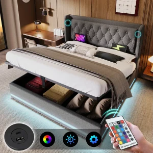 Bed met opbergruimte 140×200 cm, grijs katoen, volwassenbed met USB-oplader en led-lampje, zonder matras Bed met opbergruimte 140×200 cm, grijs katoen, volwassenbed met USB-oplader en led-lampje, zonder matras