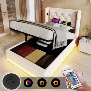Bed met opbergruimte 90×200 cm, beige katoen, tienerbed met led-lampje en USB-oplader, zonder matras Bed met opbergruimte 90×200 cm, beige katoen, tienerbed met led-lampje en USB-oplader, zonder matras