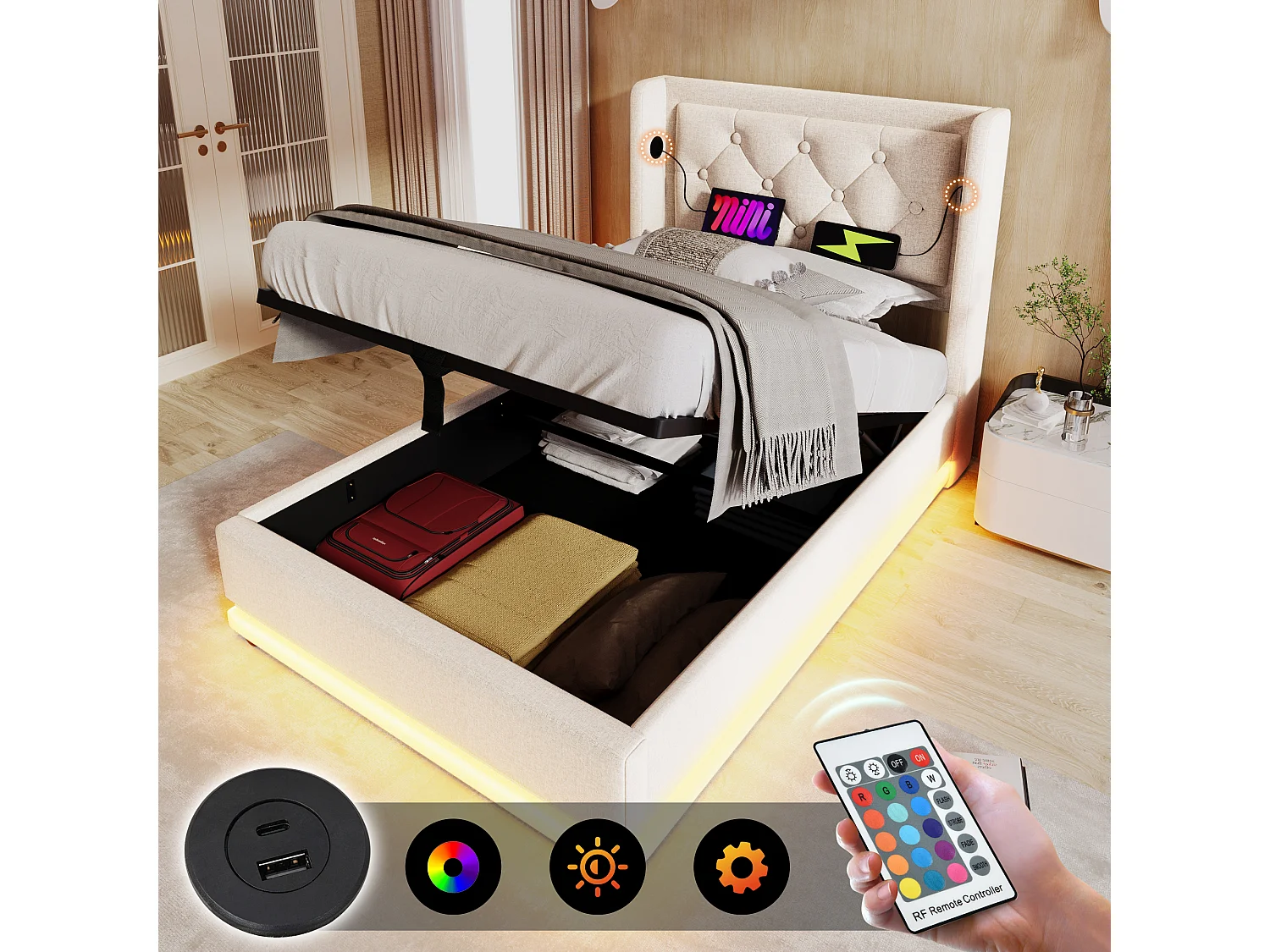 Bed met opbergruimte 90x200 cm, beige katoen, tienerbed met led-lampje en USB-oplader, zonder matras
