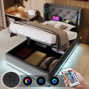 Bed met opbergruimte 90×200 cm, grijs katoen, tienerbed met led-lampje en USB-oplader, zonder matras Bed met opbergruimte 90×200 cm, grijs katoen, tienerbed met led-lampje en USB-oplader, zonder matras