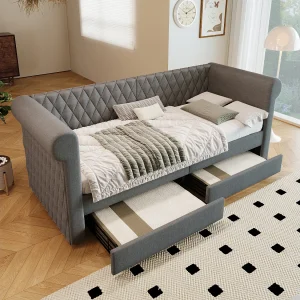 Bedbank 90×200 cm, grijs linnen, kinderbed met 2 opberglades en lattenbodem, zonder matras Bedbank 90×200 cm, grijs linnen, kinderbed met 2 opberglades en lattenbodem, zonder matras