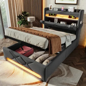 Bed met opbergruimte 90×200 cm, grijs linnen, eenpersoonsbed voor volwassenen met USB-oplader en ledverlichting, zonder matras Bed met opbergruimte 90×200 cm, grijs linnen, eenpersoonsbed voor volwassenen met USB-oplader en ledverlichting, zonder matras