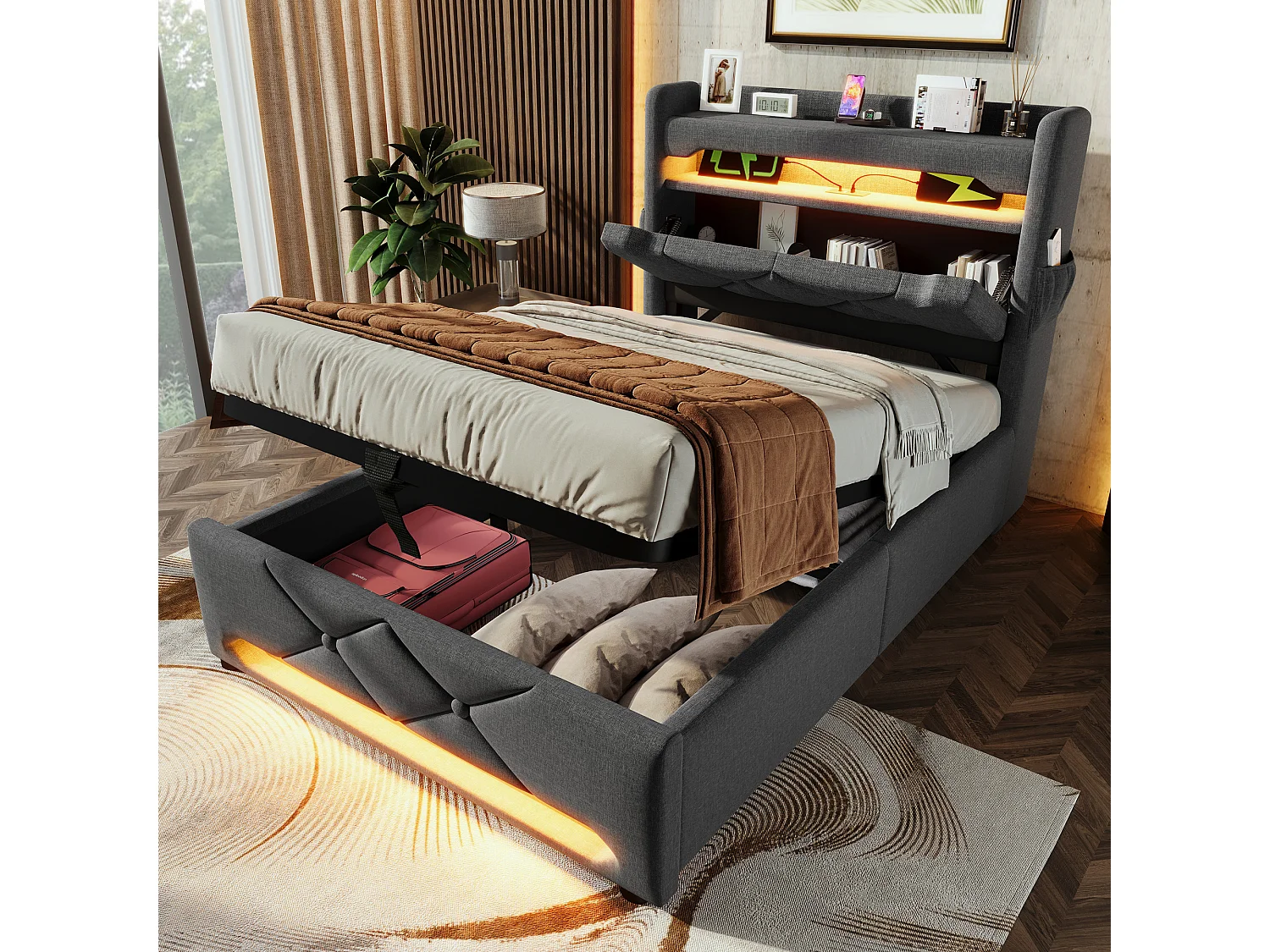 Bed met opbergruimte 90x200 cm, grijs linnen, eenpersoonsbed voor volwassenen met USB-oplader en ledverlichting, zonder matras
