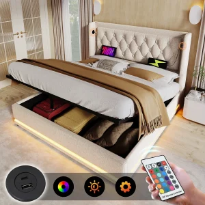 Bed met opbergruimte 160 x 200 cm, beige katoen, tweepersoonsbed met led-verlichting en USB-aansluiting, zonder matras Bed met opbergruimte 160 x 200 cm, beige katoen, tweepersoonsbed met led-verlichting en USB-aansluiting, zonder matras