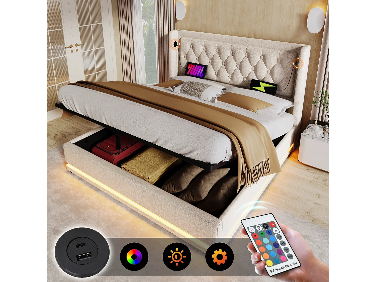 Bed met opbergruimte 160 x 200 cm, beige katoen, tweepersoonsbed met led-verlichting en USB-aansluiting, zonder matras