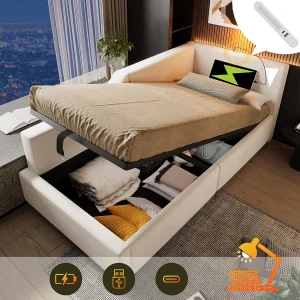 Bed 90×190 cm, slaapbank met 2 lades, hoofdeinde met lamp en USB-C, beige fluweel (203x70x98 cm) Bed 90×190 cm, slaapbank met 2 lades, hoofdeinde met lamp en USB-C, beige fluweel (203x70x98 cm)