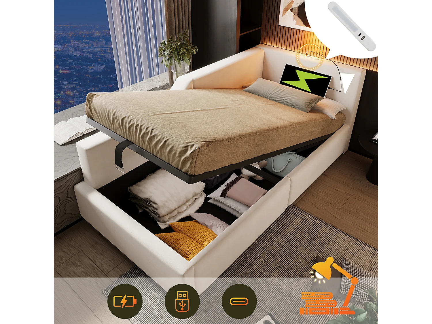 Bed 90x190 cm, slaapbank met 2 lades, hoofdeinde met lamp en USB-C, beige fluweel (203x70x98 cm)