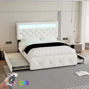 Bed met opklapbare bank en 2 lades, stof, wit (205x141x115 cm) Bed met opklapbare bank en 2 lades, stof, wit (205x141x115 cm)