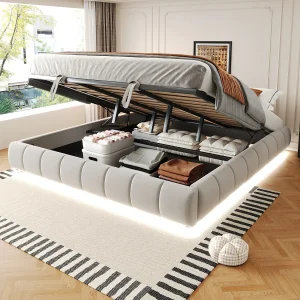 Bed met hydraulische opbergruimte 180×200 cm, zonder hoofdeinde, met geïntegreerde LED, zwevend frame, beige (214,5x195x29,5 cm) Bed met hydraulische opbergruimte 180×200 cm, zonder hoofdeinde, met geïntegreerde LED, zwevend frame, beige (214,5x195x29,5 cm)