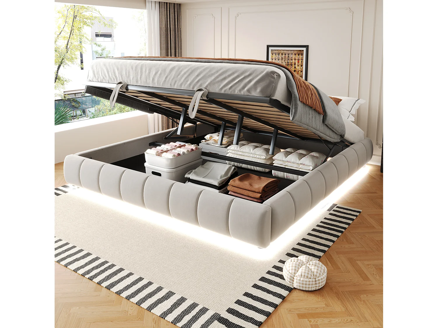 Bed met hydraulische opbergruimte 180x200 cm, zonder hoofdeinde, met geïntegreerde LED, zwevend frame, beige (214,5x195x29,5 cm)