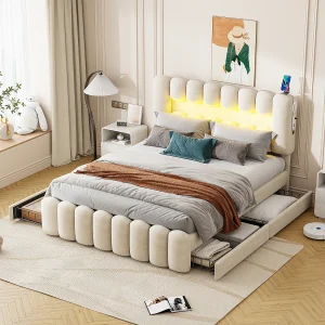 Bed met 4 lades en ledverlichting, 160 x 200 cm, zonder matras, met USB en stereosysteem, beige fluweel (224 x 173 x 110 cm) Bed met 4 lades en ledverlichting, 160 x 200 cm, zonder matras, met USB en stereosysteem, beige fluweel (224 x 173 x 110 cm)