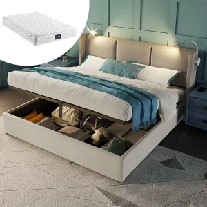 Bed met opbergruimte, 4 lades, verstelbaar hoofdeinde, LED- en USB-oplaadfunctie, linnen frame, 140×200 cm (Afmetingen: 206x145x107 cm) Bed met opbergruimte, 4 lades, verstelbaar hoofdeinde, LED- en USB-oplaadfunctie, linnen frame, 140×200 cm (Afmetingen: 206x145x107 cm)
