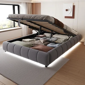 Bed met hydraulische opbergruimte 140×200 cm, zonder hoofdeinde, met geïntegreerde LED, zwevend frame, grijs (214,5x155x29,5 cm) Bed met hydraulische opbergruimte 140×200 cm, zonder hoofdeinde, met geïntegreerde LED, zwevend frame, grijs (214,5x155x29,5 cm)