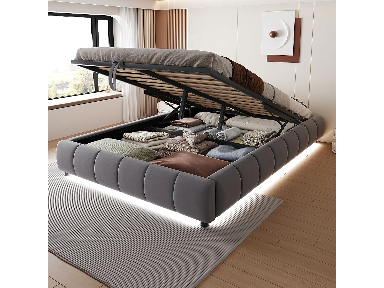Bed met hydraulische opbergruimte 140x200 cm, zonder hoofdeinde, met geïntegreerde LED, zwevend frame, grijs (214,5x155x29,5 cm)