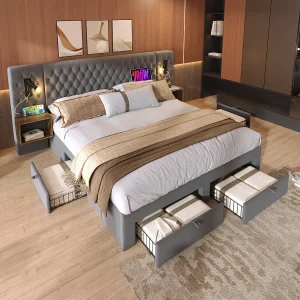 Bed met hydraulische opbergruimte, 160×200 cm, met 2 nachtkastjes, 4 lades, ledverlichting en USB-oplaadfunctie, grijs, fluweel (209×246,5×105 cm)
