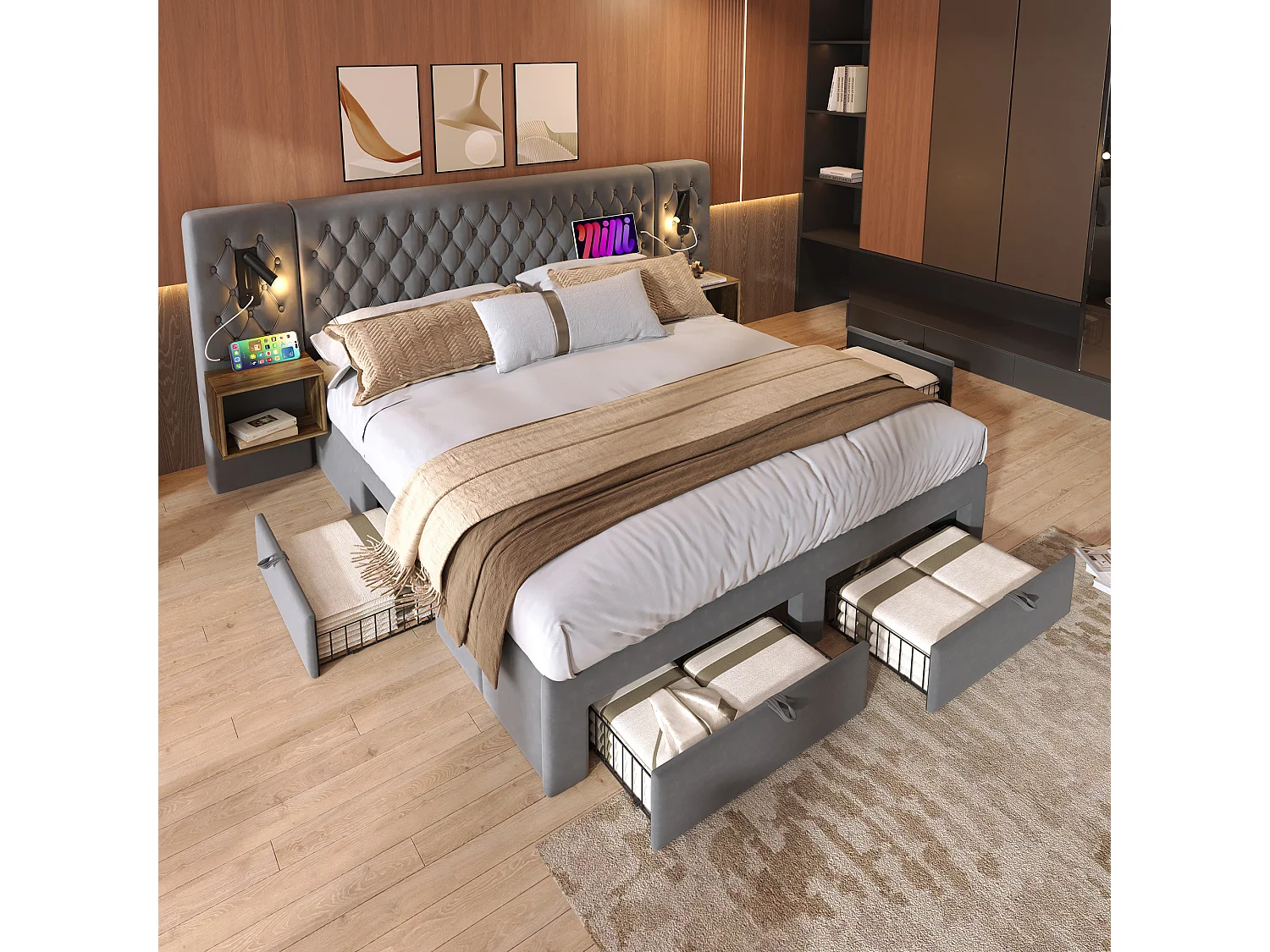 Bed met hydraulische opbergruimte, 160x200 cm, met 2 nachtkastjes, 4 lades, ledverlichting en USB-oplaadfunctie, grijs, fluweel (209x246,5x105 cm)