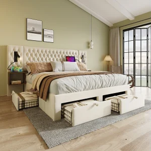 Bed met hydraulische opbergruimte, 160×200 cm, met 2 nachtkastjes en 4 lades, LED-verlichting, USB-oplaadfunctie, beige, fluweel (209×246,5×105 cm)