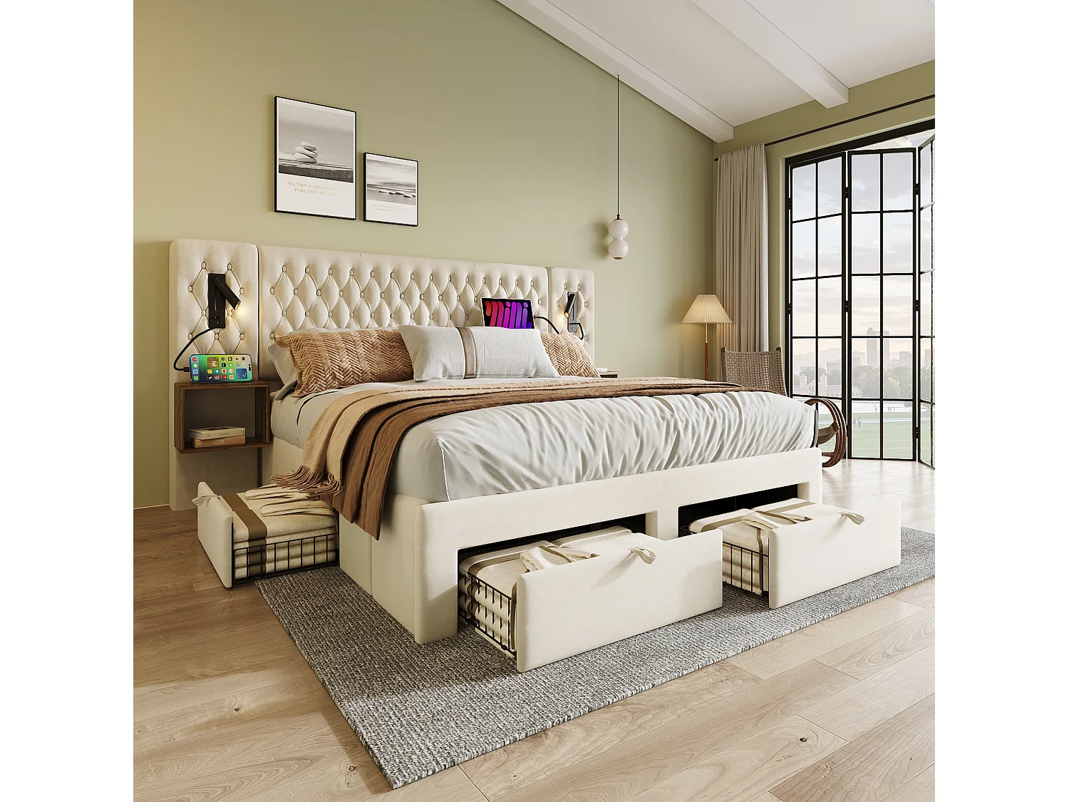 Bed met hydraulische opbergruimte, 160x200 cm, met 2 nachtkastjes en 4 lades, LED-verlichting, USB-oplaadfunctie, beige, fluweel (209x246,5x105 cm)