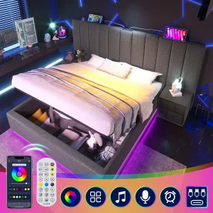 Bed 160×200, Bed met opbergruimte, LED-bediening via app en USB-C-lader, PU, Grijs (247x211x112 cm) Bed 160×200, Bed met opbergruimte, LED-bediening via app en USB-C-lader, PU, Grijs (247x211x112 cm)