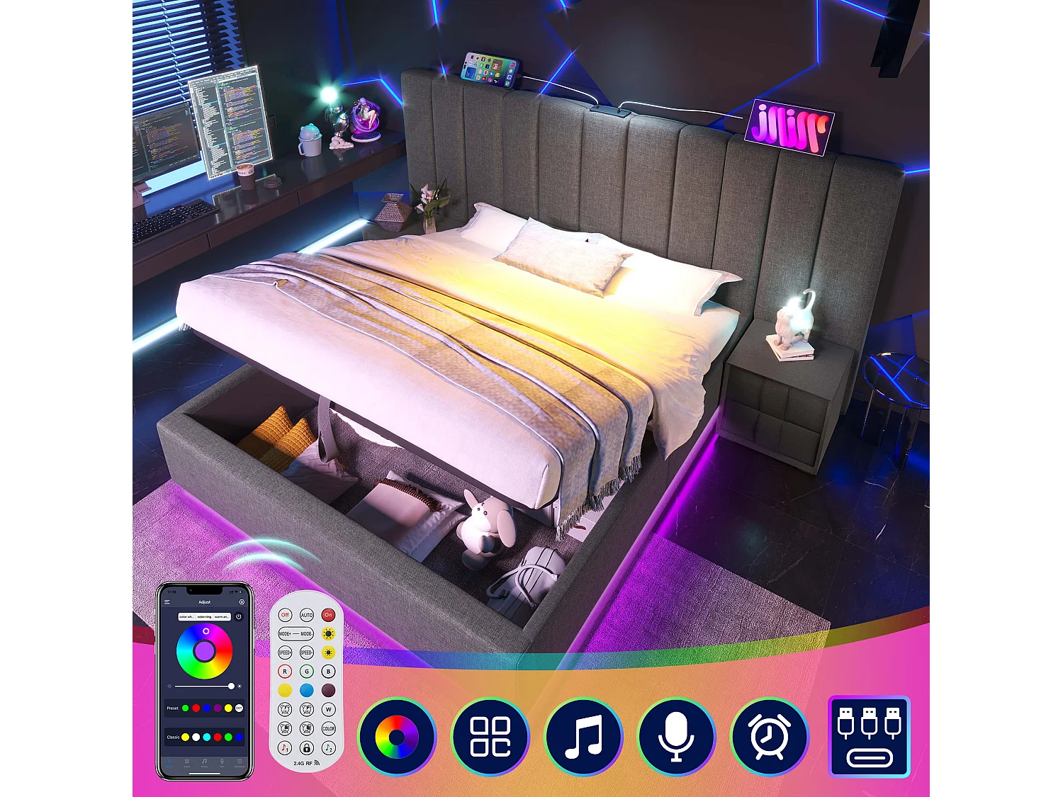 Bed 160×200, Bed met opbergruimte, LED-bediening via app en USB-C-lader, PU, Grijs (247x211x112 cm)