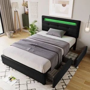 Bed met LED, 2 lades en verstelbaar hoofdeinde, eenpersoonsbed 90x200cm, houten en metalen frame, grijs linnen (afmetingen: 208×100,5×93,5 cm)