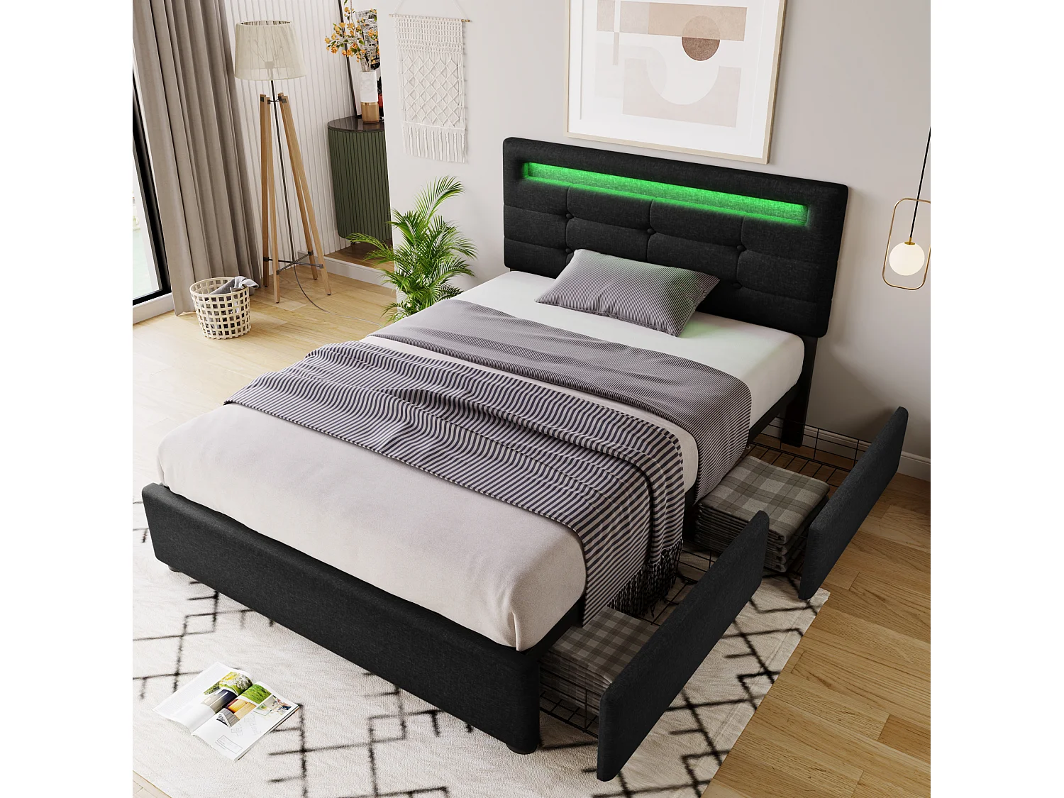 Bed met LED, 2 lades en verstelbaar hoofdeinde, eenpersoonsbed 90x200cm, houten en metalen frame, grijs linnen (afmetingen: 208x100,5x93,5 cm)